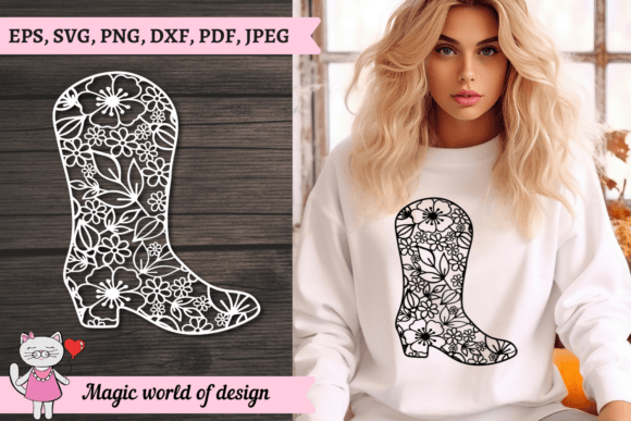 Cowboy Boots Flowers Outline SVG, PNG,